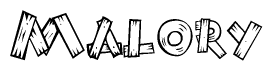 The image contains the name Malory written in a decorative, stylized font with a hand-drawn appearance. The lines are made up of what appears to be planks of wood, which are nailed together
