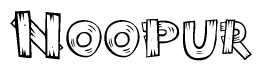 The image contains the name Noopur written in a decorative, stylized font with a hand-drawn appearance. The lines are made up of what appears to be planks of wood, which are nailed together