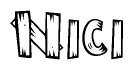 The clipart image shows the name Nici stylized to look like it is constructed out of separate wooden planks or boards, with each letter having wood grain and plank-like details.
