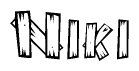 The clipart image shows the name Niki stylized to look as if it has been constructed out of wooden planks or logs. Each letter is designed to resemble pieces of wood.