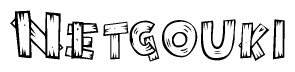 The image contains the name Netgouki written in a decorative, stylized font with a hand-drawn appearance. The lines are made up of what appears to be planks of wood, which are nailed together