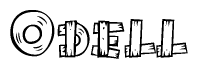The image contains the name Odell written in a decorative, stylized font with a hand-drawn appearance. The lines are made up of what appears to be planks of wood, which are nailed together