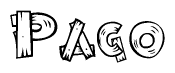 The image contains the name Pago written in a decorative, stylized font with a hand-drawn appearance. The lines are made up of what appears to be planks of wood, which are nailed together
