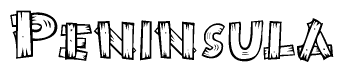 The image contains the name Peninsula written in a decorative, stylized font with a hand-drawn appearance. The lines are made up of what appears to be planks of wood, which are nailed together