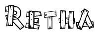 The image contains the name Retha written in a decorative, stylized font with a hand-drawn appearance. The lines are made up of what appears to be planks of wood, which are nailed together