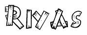The image contains the name Riyas written in a decorative, stylized font with a hand-drawn appearance. The lines are made up of what appears to be planks of wood, which are nailed together