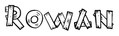 The image contains the name Rowan written in a decorative, stylized font with a hand-drawn appearance. The lines are made up of what appears to be planks of wood, which are nailed together