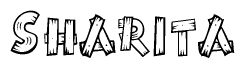 The clipart image shows the name Sharita stylized to look as if it has been constructed out of wooden planks or logs. Each letter is designed to resemble pieces of wood.