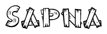 The image contains the name Sapna written in a decorative, stylized font with a hand-drawn appearance. The lines are made up of what appears to be planks of wood, which are nailed together