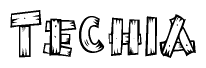The clipart image shows the name Techia stylized to look as if it has been constructed out of wooden planks or logs. Each letter is designed to resemble pieces of wood.