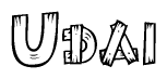 The image contains the name Udai written in a decorative, stylized font with a hand-drawn appearance. The lines are made up of what appears to be planks of wood, which are nailed together