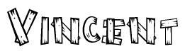 The clipart image shows the name Vincent stylized to look like it is constructed out of separate wooden planks or boards, with each letter having wood grain and plank-like details.
