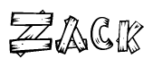 The image contains the name Zack written in a decorative, stylized font with a hand-drawn appearance. The lines are made up of what appears to be planks of wood, which are nailed together