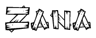 The clipart image shows the name Zana stylized to look like it is constructed out of separate wooden planks or boards, with each letter having wood grain and plank-like details.
