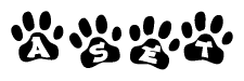 The image shows a series of animal paw prints arranged in a horizontal line. Each paw print contains a letter, and together they spell out the word Aset.