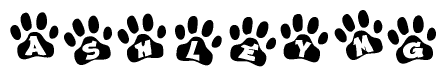 The image shows a series of animal paw prints arranged horizontally. Within each paw print, there's a letter; together they spell Ashleymg