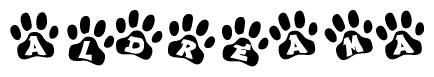 The image shows a series of animal paw prints arranged horizontally. Within each paw print, there's a letter; together they spell Aldreama
