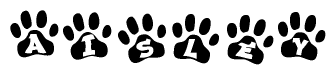 The image shows a series of animal paw prints arranged horizontally. Within each paw print, there's a letter; together they spell Aisley