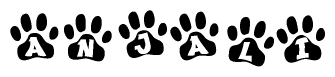 The image shows a row of animal paw prints, each containing a letter. The letters spell out the word Anjali within the paw prints.