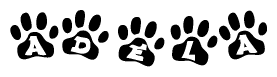 The image shows a series of animal paw prints arranged horizontally. Within each paw print, there's a letter; together they spell Adela