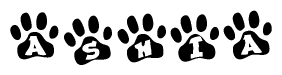 The image shows a series of animal paw prints arranged in a horizontal line. Each paw print contains a letter, and together they spell out the word Ashia.