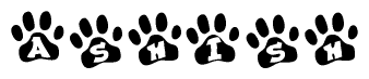 The image shows a series of animal paw prints arranged in a horizontal line. Each paw print contains a letter, and together they spell out the word Ashish.