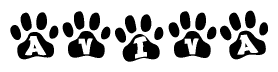 The image shows a row of animal paw prints, each containing a letter. The letters spell out the word Aviva within the paw prints.