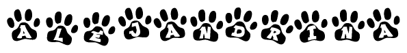 The image shows a row of animal paw prints, each containing a letter. The letters spell out the word Alejandrina within the paw prints.