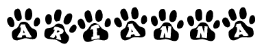 The image shows a series of animal paw prints arranged in a horizontal line. Each paw print contains a letter, and together they spell out the word Arianna.