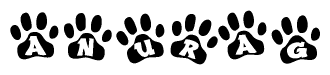 The image shows a series of animal paw prints arranged in a horizontal line. Each paw print contains a letter, and together they spell out the word Anurag.
