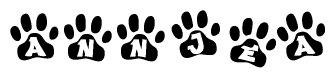 The image shows a row of animal paw prints, each containing a letter. The letters spell out the word Annjea within the paw prints.