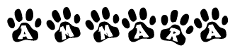 The image shows a series of animal paw prints arranged horizontally. Within each paw print, there's a letter; together they spell Ammara