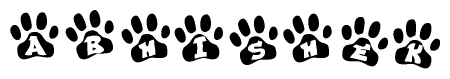 The image shows a series of animal paw prints arranged in a horizontal line. Each paw print contains a letter, and together they spell out the word Abhishek.