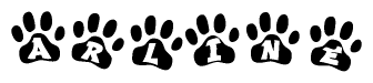 The image shows a row of animal paw prints, each containing a letter. The letters spell out the word Arline within the paw prints.