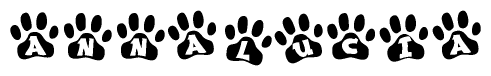 The image shows a series of animal paw prints arranged in a horizontal line. Each paw print contains a letter, and together they spell out the word Annalucia.