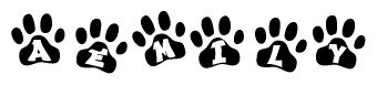The image shows a series of animal paw prints arranged horizontally. Within each paw print, there's a letter; together they spell Aemily