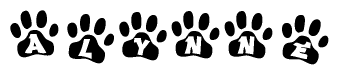 The image shows a series of animal paw prints arranged horizontally. Within each paw print, there's a letter; together they spell Alynne