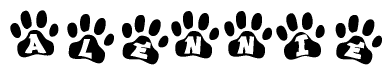 The image shows a row of animal paw prints, each containing a letter. The letters spell out the word Alennie within the paw prints.