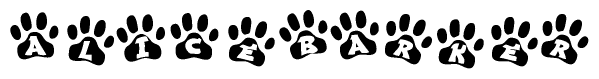 The image shows a series of animal paw prints arranged in a horizontal line. Each paw print contains a letter, and together they spell out the word Alicebarker.