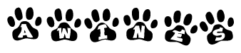 The image shows a row of animal paw prints, each containing a letter. The letters spell out the word Awines within the paw prints.