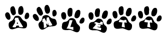 The image shows a row of animal paw prints, each containing a letter. The letters spell out the word Amlett within the paw prints.