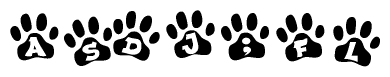 The image shows a row of animal paw prints, each containing a letter. The letters spell out the word Asdj;fl within the paw prints.