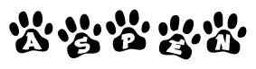 The image shows a row of animal paw prints, each containing a letter. The letters spell out the word Aspen within the paw prints.