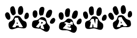 The image shows a series of animal paw prints arranged in a horizontal line. Each paw print contains a letter, and together they spell out the word Arena.