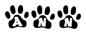 The image shows a series of animal paw prints arranged in a horizontal line. Each paw print contains a letter, and together they spell out the word Ann.