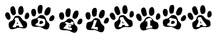 The image shows a series of animal paw prints arranged horizontally. Within each paw print, there's a letter; together they spell Adelaida