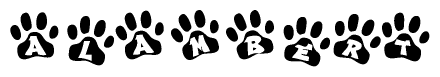 The image shows a series of animal paw prints arranged horizontally. Within each paw print, there's a letter; together they spell Alambert