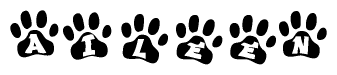 The image shows a series of animal paw prints arranged horizontally. Within each paw print, there's a letter; together they spell Aileen