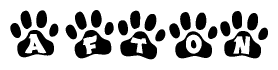 The image shows a series of animal paw prints arranged horizontally. Within each paw print, there's a letter; together they spell Afton