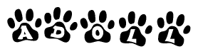 The image shows a series of animal paw prints arranged in a horizontal line. Each paw print contains a letter, and together they spell out the word Adoll.